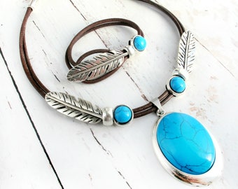 Turquoise Jewelry-Turquoise Necklace & Bracelet Set-Turquoise Jewelry Set-Gift for Her-Leather Necklace-Leather Bracelet-Leather Jewelry Set