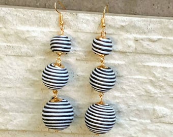 Bon bon earrings Black & White striped ball dangle earrings, bon bon earrings, triple ball earrings, pom pom earrings statement earrings