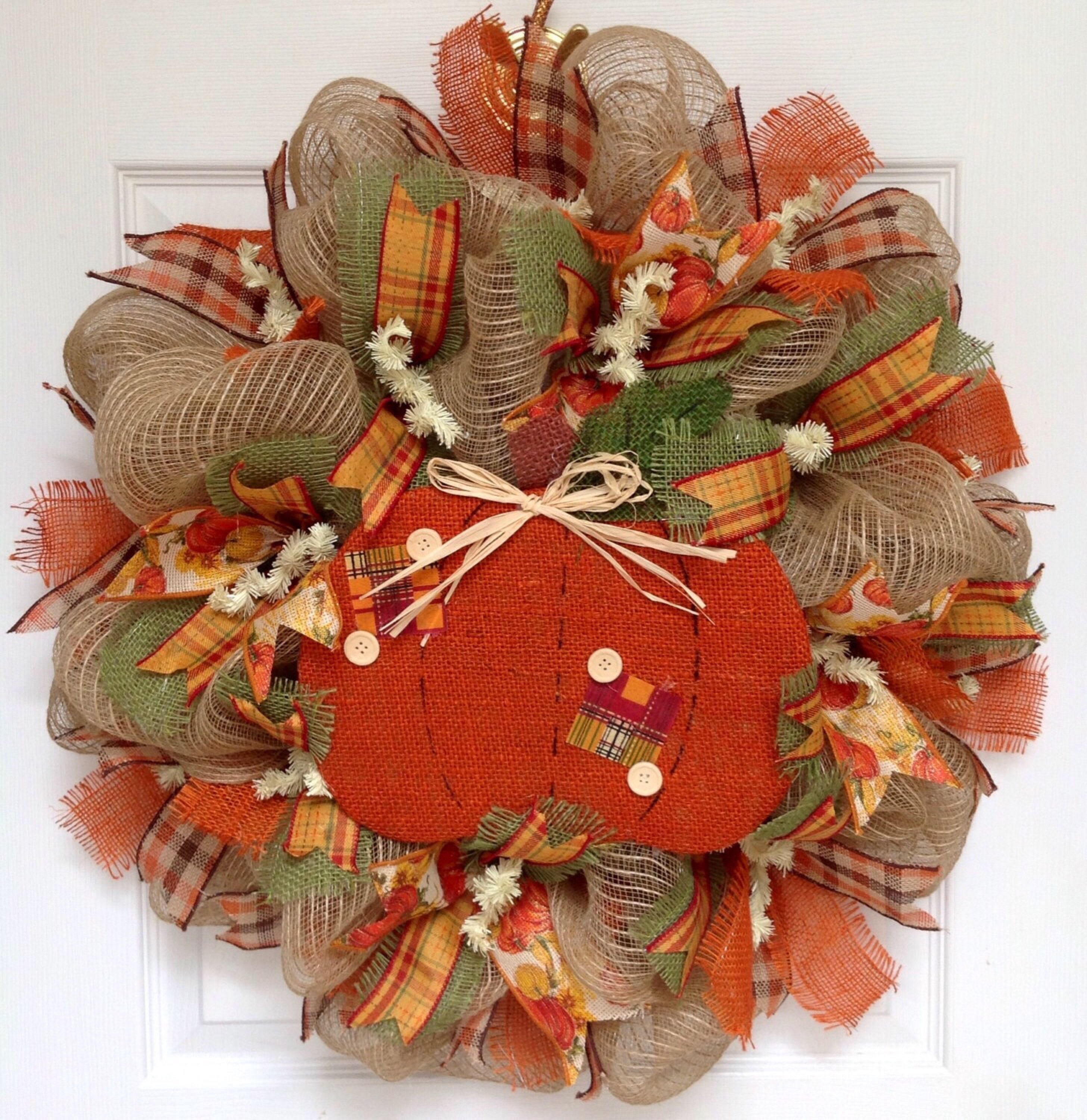 Country Pumpkin Button Autumn Deco Mesh Handmade Wreath