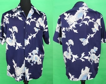 Hawaiian Shirt 70's Tori Richard Navy Blue Peony Motif Hawaiian Shirt Size XL