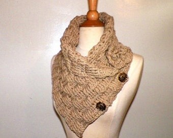 On Sale- Outlander Scarf Triangle Infinity Cowl Tan Beige Oversized Celtic Highland Chunky Neckwarmer Winter Crochet Knit Womens Winter Sc