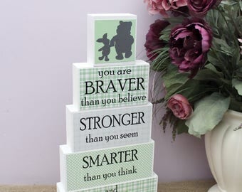 Classic Winnie The Pooh Quote, Pooh Nursery Decor, Baby Shower Gift, You are Braver Stronger Smarter and Loved, Stacking Wood Blocks