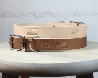 American Flag Stamped Thick Leather Dog Collar