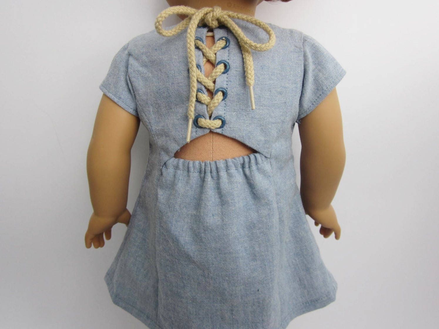 Blue oxford cloth Aline dress with back lacing for 18 inch