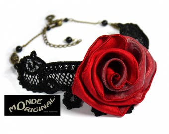 Choker necklace red rose evening Black Lace
