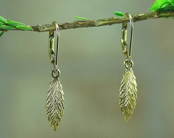 Solid Gold leaf earring, 14 k gold earrings, gold feather earring, leaf jewelry, handmade jewelry, dangle and drop leaf earring, Chritsmas
