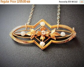 SALE Antique Art Nouveau 10k Yellow Gold Diamond Pearl Brooch Pin Lavaliere Pendant Necklace