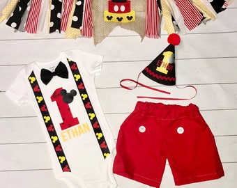 Custom Personalized Smash Cake Mickey Mouse Birthday Outfit with Hat Shorts with Buttons