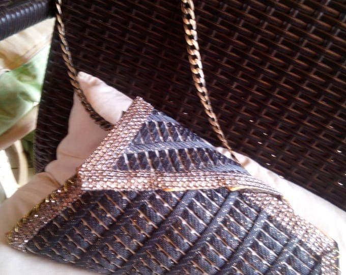 New plastic canvas triangular bag elegant totaly handmade envelope clutch dark grey gold fabric ribbons fabric sides inner lining with chain