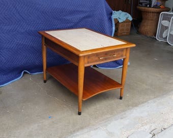 Vintage 1970's Lane Perception Side Table Marble Top Mid Century Modern Basketweave Drawer Front Lower Shelf Good Condition End Table MCM