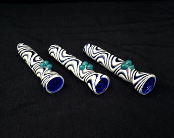 Glass Chillums, Glass One Hitter, White Wigwag on Cobalt Glass Pipe