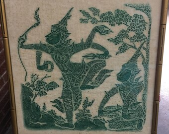 Mid Century - Vintage - Thai Temple Rubbing - Teal - In Bamboo Styled Frame