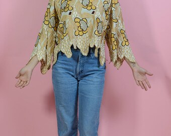 Vintage 80s Embroidered Floral Top Gold L