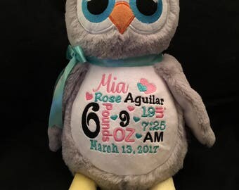 birth announcement stuffed animal, baby announcement plush animal, personalized stuffed animal baby gift, monogrammed Little Elska owl