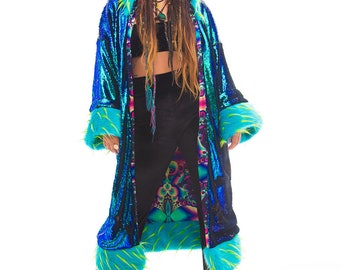 Sequin Kimono with fur hood, cuffs and trim - Sequin Jacket - Perfect for festivals