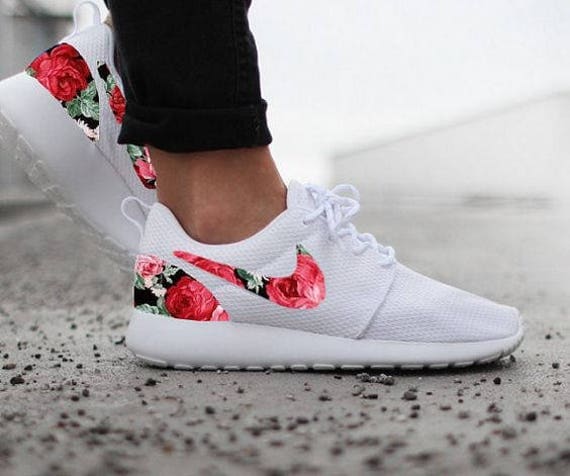 Nike Roshe White with Custom Red Rose Floral Design Womens