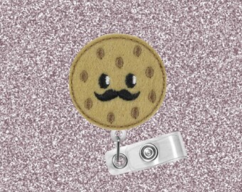 Chocolate Chip Cookie, Mustache, Cookies, ID Badge Reel, Retractable Badge Holder, Badge Reel, Badge Clip, Cute Badge Reel, Felt Badge Reel