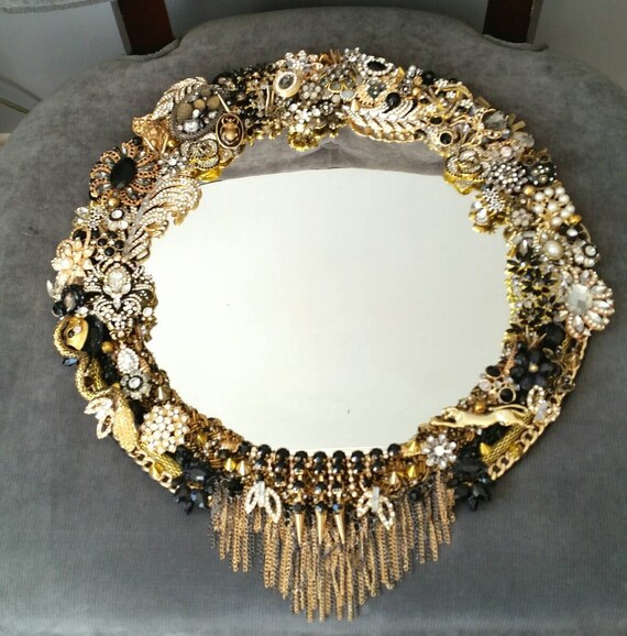 Round wall mirror jewelry rhinestone framed mirror black and