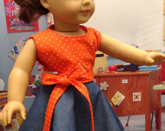 Retro skirt and top, orange and white microdot top, front tie wrap top. Blue chambray circle skirt, 50's style top and skirt, summer outfit