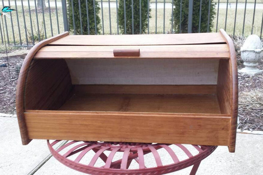 Teak Tambour roll top bread box. Vintage 1970's. Made in