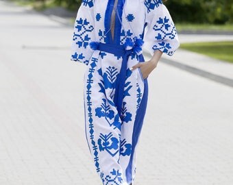 White linen embroidered dress vyshyvanka. Ukrainian vyshyvanka dress, mexican dress, Kaftan. Abaya, Free Shipping