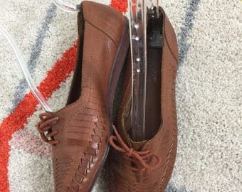 Vtg 80s brown leather woven lace up flats shoes brazil 8