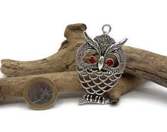 OWL pendant silver metal and rhinestones-red A041