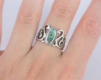 Vintage Silver Abalone Shell Ring, Silver Filigree Ring, Wide Front Ring, Silver Cuff Ring, Gothic Style Ring