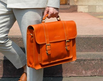 Leather Satchel Briefcase Messenger Bag with shoulder strap for men and women - Classic by Niche Lane Tan