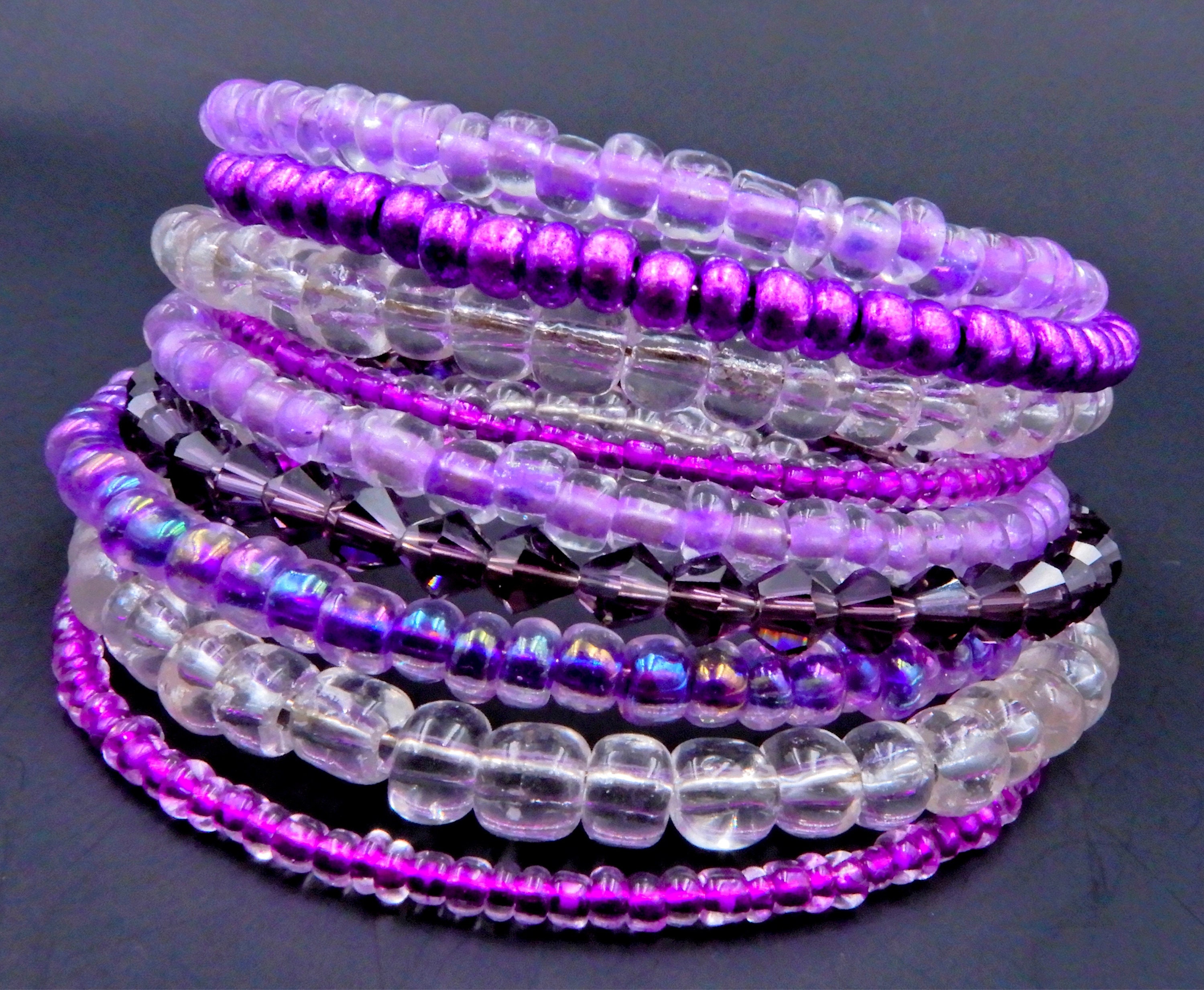 Purple stacked bracelets layered bracelet purple seed bead