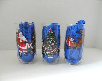 Vintage 1992 Set Of 4 Luminarc Christmas Glasses 16 oz In Original Packaging Santa Christmas Tree Santas' Sleigh 1685