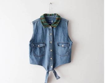 Vintage Large Denim Crop Top Sleeveless Blouse Large Size Midriff Denim Shirt Summer Jeans Top Blue Cropped Shirt Denim Shirt Tie Shirt