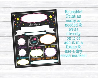 Girl's Reusable First Day of School Printable, First Day of School Print, Milestone Chart, First Day of Kindergarten, First Grade, Digital