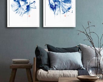 Wall Fine Art Print Watercolor Painting original Modern Home decor Contemporary navy abstract posters Minimalist drawing artwork Beta fish