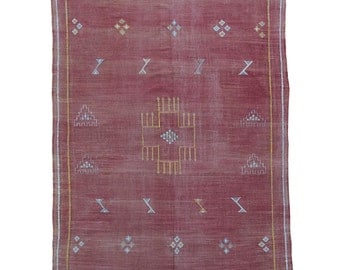 Vintage Red Moroccan Rug Cactus Silk Textile - Large Size