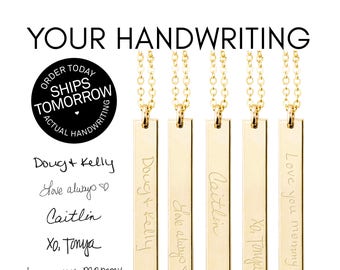 Handwriting Bar Necklace, Custom Actual Handwriting Necklace, Personalized Signature Necklace, Memorial Keepsake Jewelry, Gold, Silver, Rose