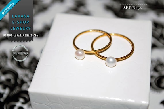OFFER Set 2 Rings Freshwater Pearls Sterling Silver Gold Handmade Jewelry Friendship Gift Mother & Daughter Bridal Greek Minimalist Style