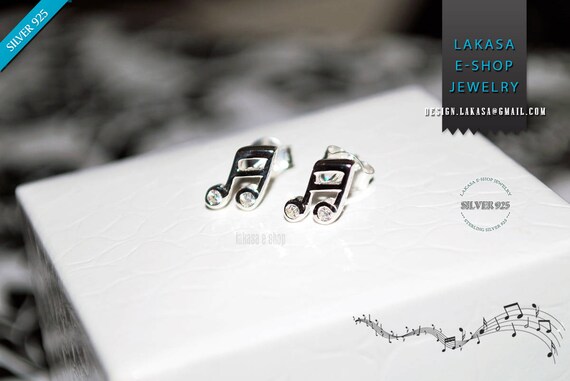 Music Notes Symbols Studs Earrings Sterling Silver Jewelry Cubic Zirconia Crystals Best Gift Woman Girl Unisex Musiclovers Jazz Piano Violin