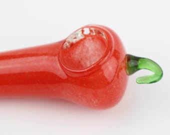 Glass Smoking Pipe Jalapeno Glass Pipe Red with Green Stem. Hand Blown. 4 Inch