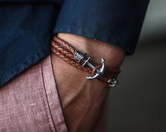 24K Gold plated Anchor bracelet! Brown leather anchor bracelet, mens bracelet, mens anchor bracelet,boyfried gift,bracelet homme