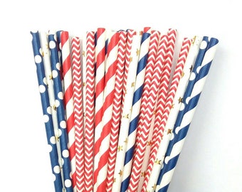 Stars & Stripes Paper Straws - Red, White, Blue and Gold Drinking Straws - Summer Party Decorations - Memorial Day - 4th of July - Labor Day