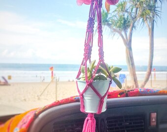 Plant Hanging, Plant Pot, Mini Macrame, Window Hanging, Car Accessory, Car Charm,Magenta, Mexican pink