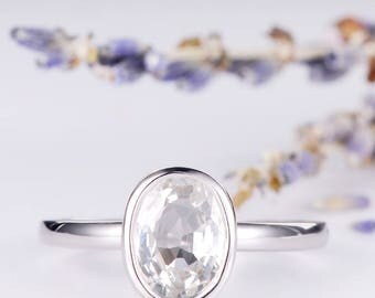 White Sapphire Engagement Ring Bezel Set Wedding White Gold Ring Oval Cut Anniversary Promise Solitaire Simple Minimalist Graduation Gift