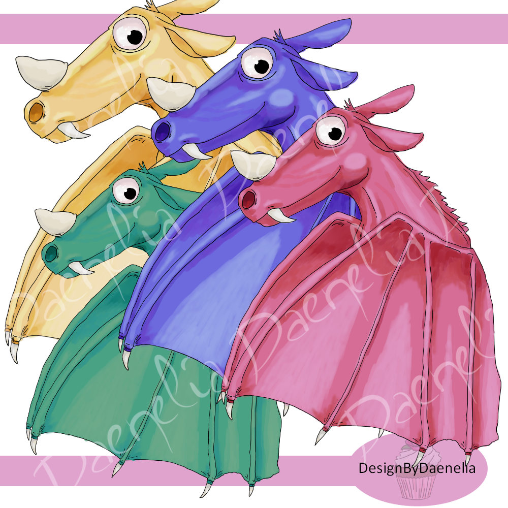 Dragon clip art hand drawn in four colours png and jpeg