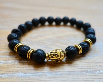 Rebirth and Calming Lava Stone Bracelet 8mm Beads Gold Buddha Natural Gemstone Healing Reiki Gift Handmade Home Wristband Meditation Yoga
