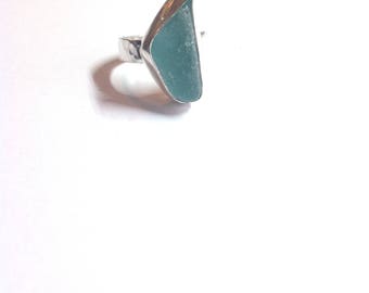 Handmade deep aqua blue sea glass and sterling silver ring.
