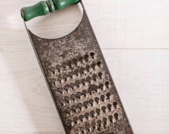 Vintage Metal Handheld Cheese Grater with Green Wooden Handle