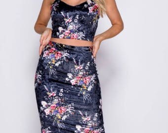 Velvet Floral Print Co Ord Set