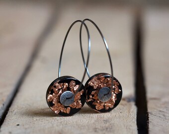 Gold Leaf and Black Resin Earrings, Natural Resin Earrings in Oxidized Sterling Silver, Resin earrings, Resin Jewelry, Bold Jewelry