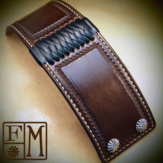 Brown Leather cuff Bracelet American Western Saddle wristband Handstitched Braided Stamped Handcrafted for YOU in NYC by Freddie Matara!